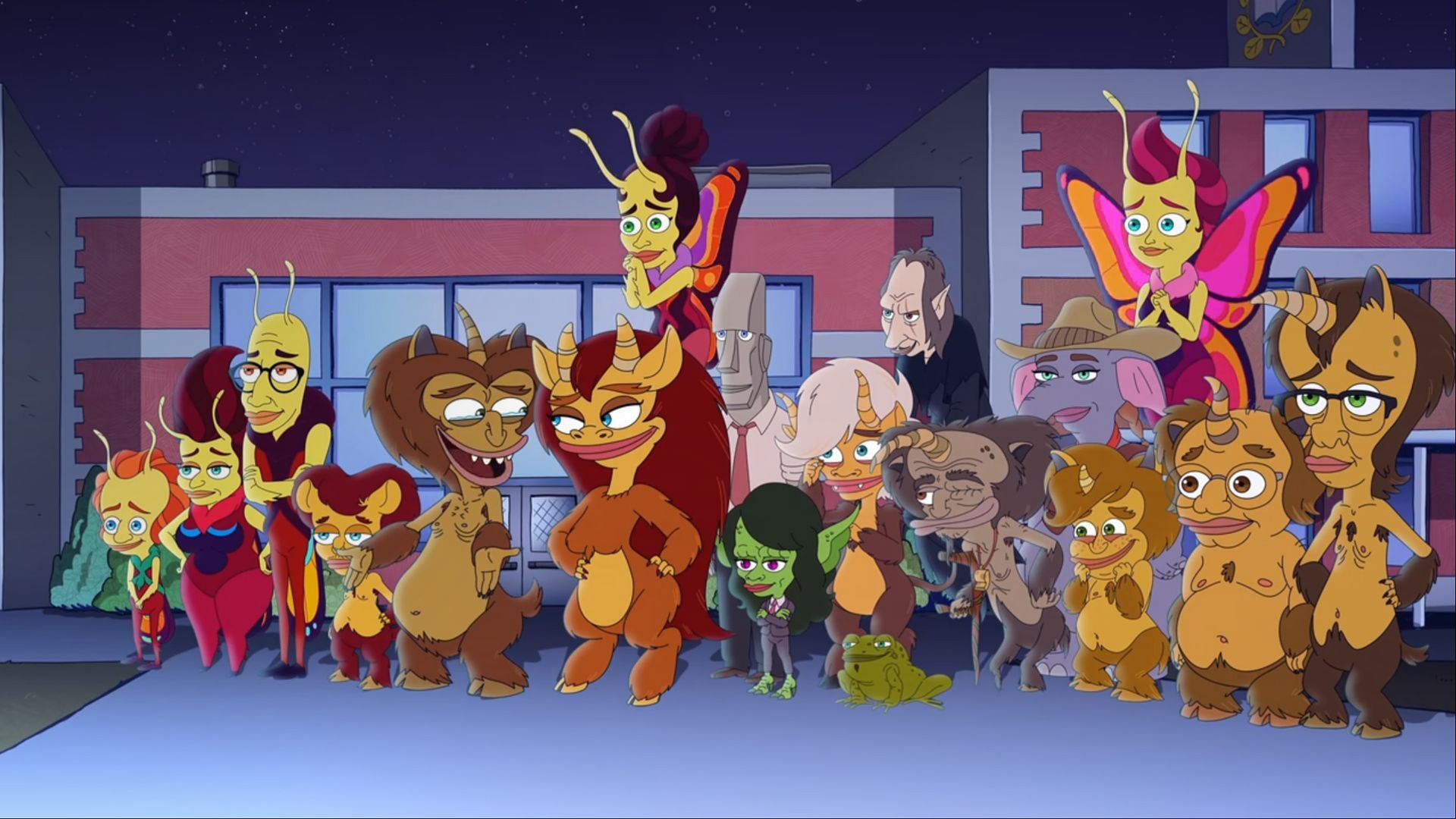 The hormone monsters gather outside Bridgeton High, watching proudly as the kids step toward adulthood in the finale of Big Mouth season 8. (Image via Netflix)